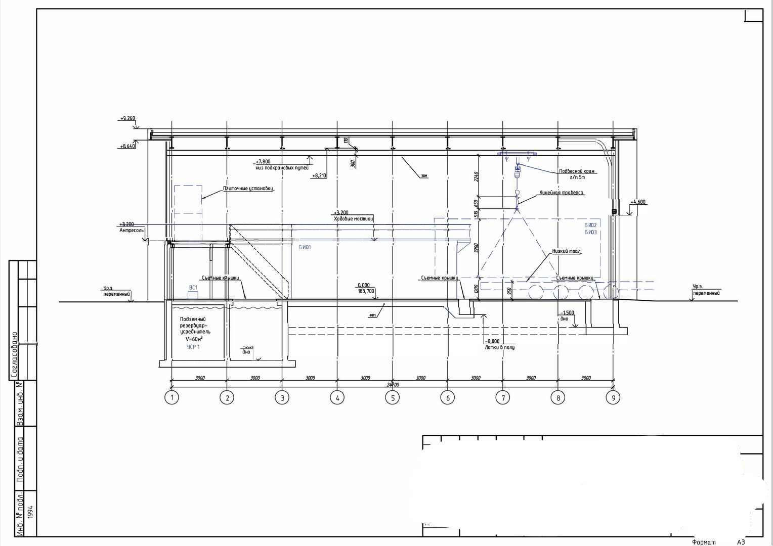 Разрез здания с размещаемым технологическим оборудванием
